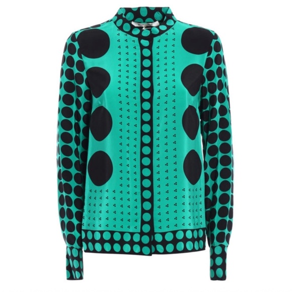 Diane von Furstenberg Silk Blouse – Brunel Evergreen Polka Dot Print, Size 12 - Picture 3 of 12